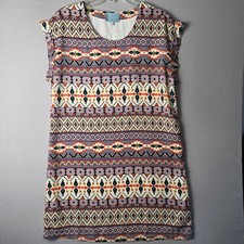 Skies Are Blue Womens Aztec Geometric Print Cap Sleeve Shift Dress Size M Boho