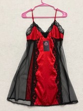 Frederick's of Hollywood Red and Black Satin and Lace Babydoll Chemise Style 463