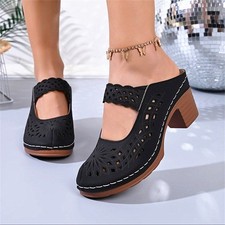 Women's Chunky Heel Slide Sandals Closed Toe Hollow Out Slip On Summer Mules