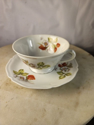 A Giraud France Limoges Sauviat Teacup And Saucer Set Strawberries