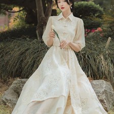 Women Sexy French Style Office Lace Dress Champagne Summer Modern Chinese Party