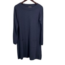 Jigsaw Wool Dress Navy Blue Long Sleeve Crew Neck Front Pockets Medium