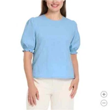 Ted Baker Women's Crewneck Elastic Smocked Short Sleeves Blouse, Blue, Size M