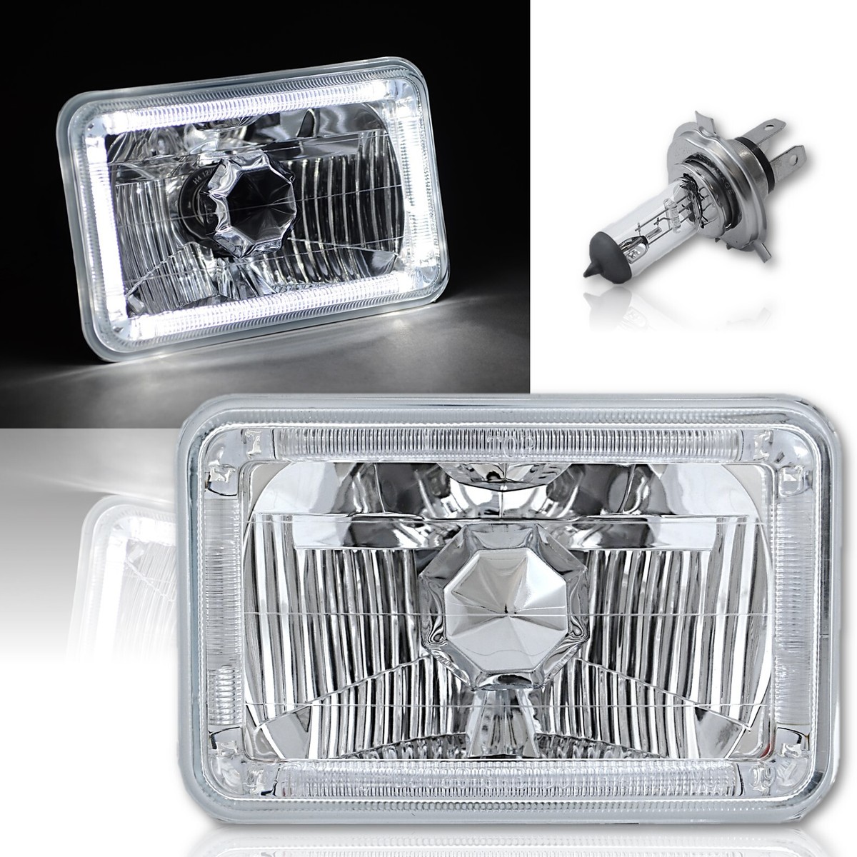 ONE 4X6 White LED Halo Angel Eye Halogen Headlight Headlamp Bulbs