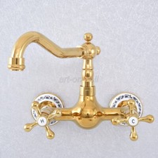Gold Brass Swivel Spout Bathroom Kitchen Basin Sink Faucet Mixer Tap Wall Mount