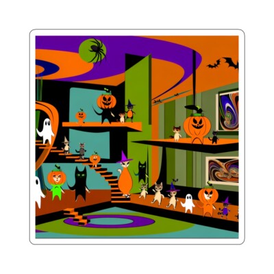 Sticker Weird Obscure Haunted House Cats Mid Century Gift 2x2'' 3x3'' 4x4'' 6x6''
