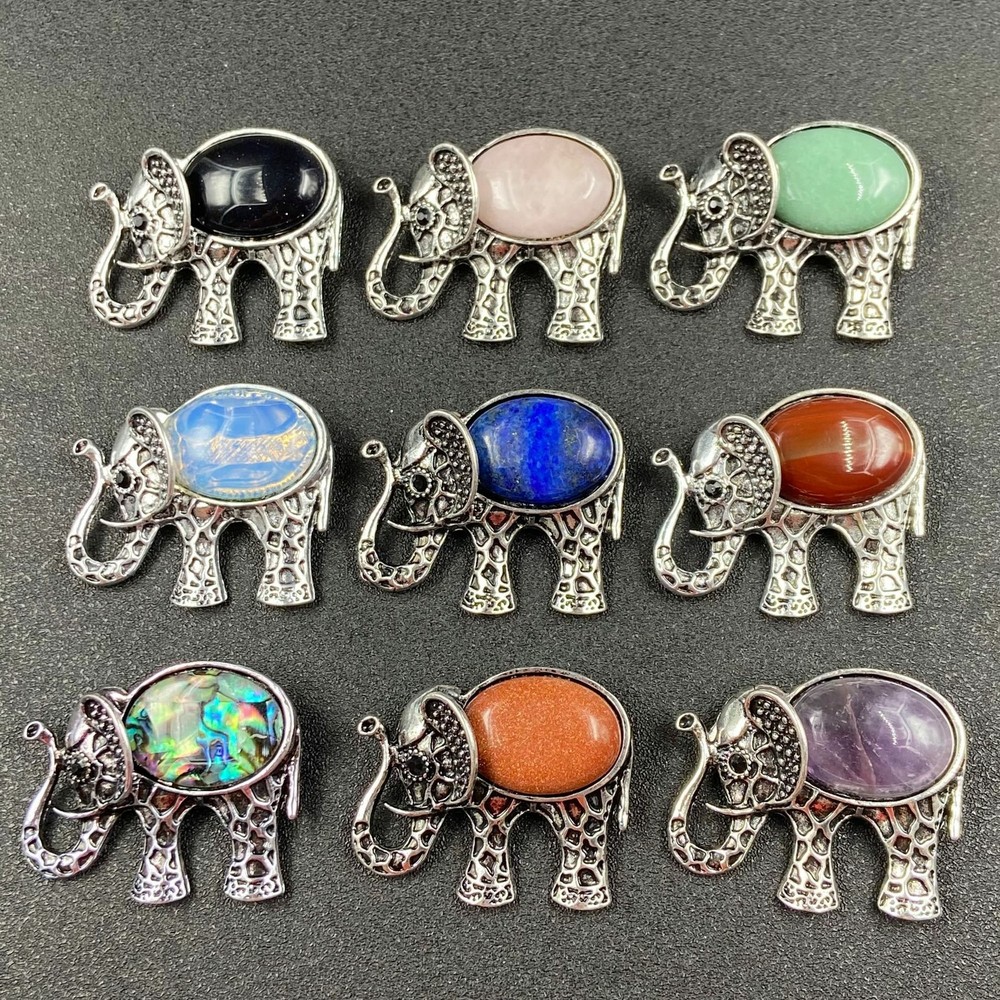 Wholesale 9pcs Elephant Necklaces Pendant Mixed Natural Stone Brooch DIY