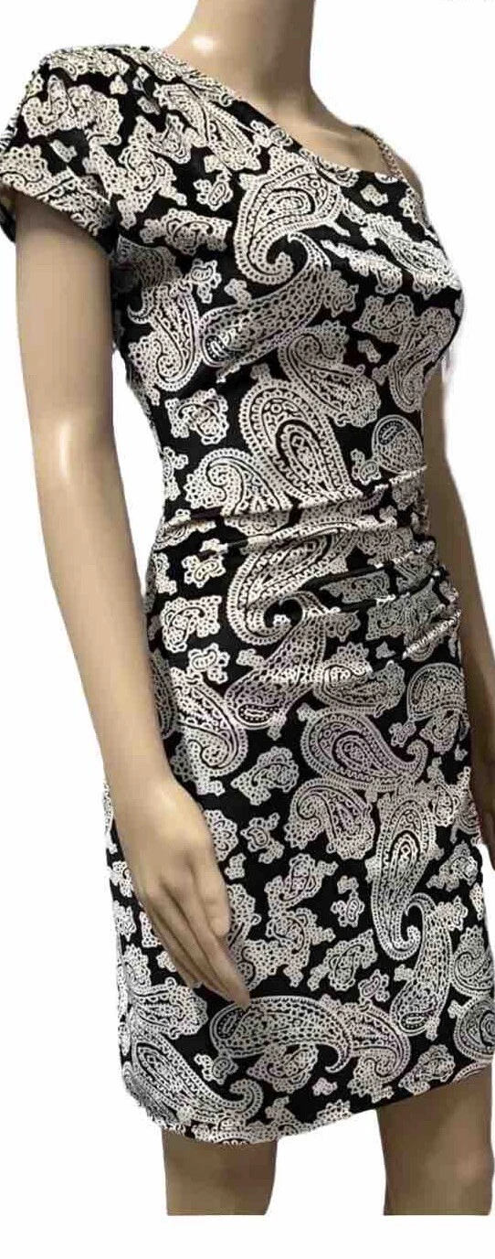 MICHAEL Michael Kors Abito a una spalla in velluto Paisley. Osso nero. XS. NUOVO COME