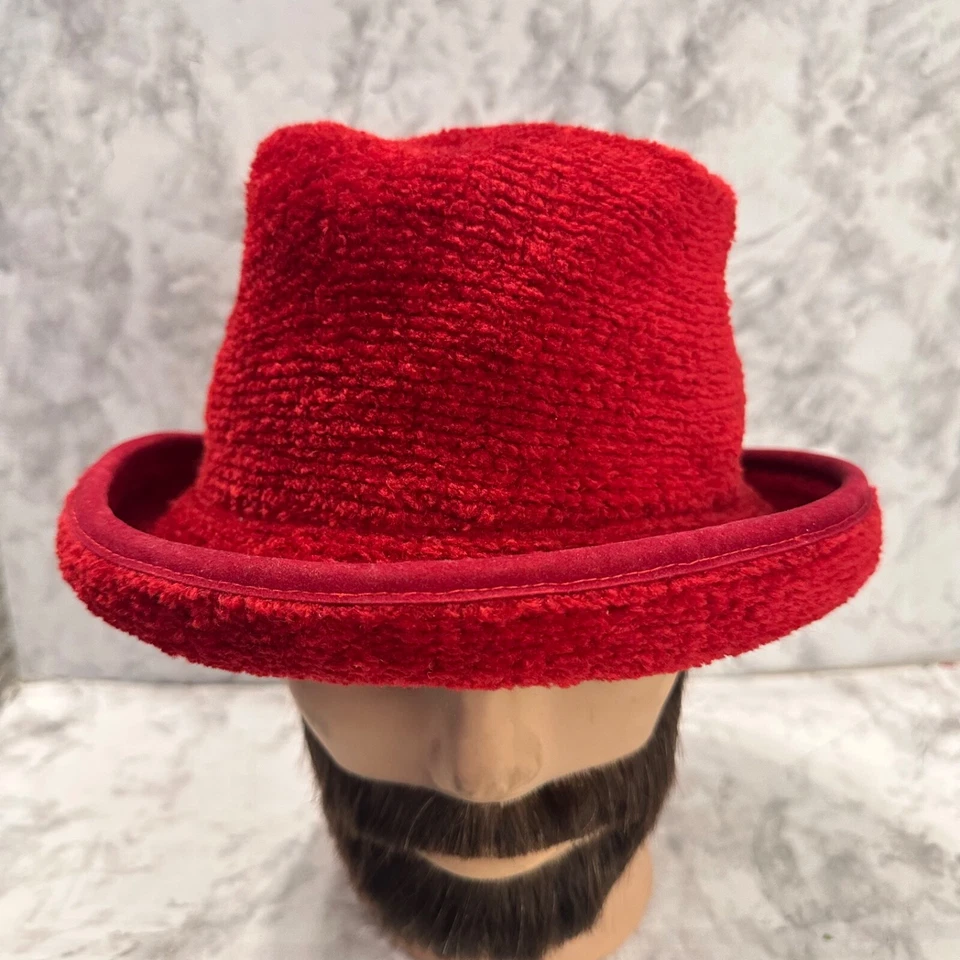 复古红色雪尼尔帽女式均码红色卷边波西米亚节日 — 第 2/4 张图片