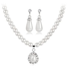 White Faux Pearl Crystal Teardrop Necklace Earrings Wedding Bridal Jewelry Set