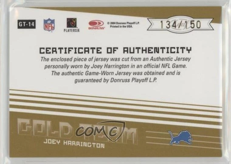 2004 Leaf Certified Materials Gold Team /150 Joey Harrington #GT-14 - Image 2 of 2