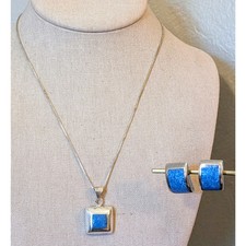 Mexico 925 Sterling Silver Blue Stone Inlay Necklace Matching Earring Set