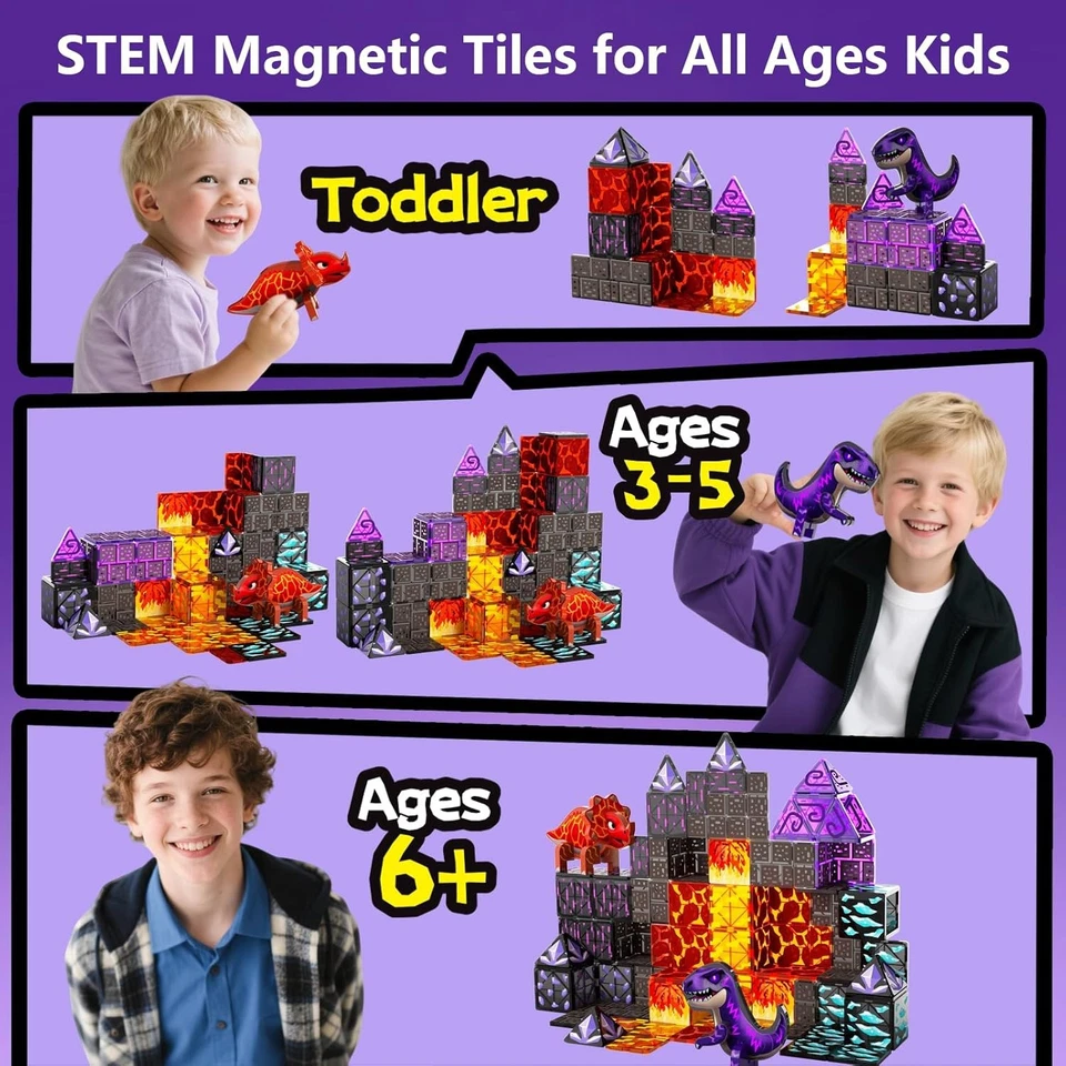 Magnetic Dinosaur Toys Magnetic Tiles Lava Cave Dinosaur World Set, STEM, 3+ Yrs - Image 4 of 4
