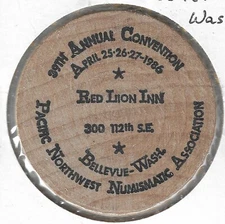 1986 Pacific Northwest Numismatic 39th Bellevue Washington B PNNA, Wooden Nickel