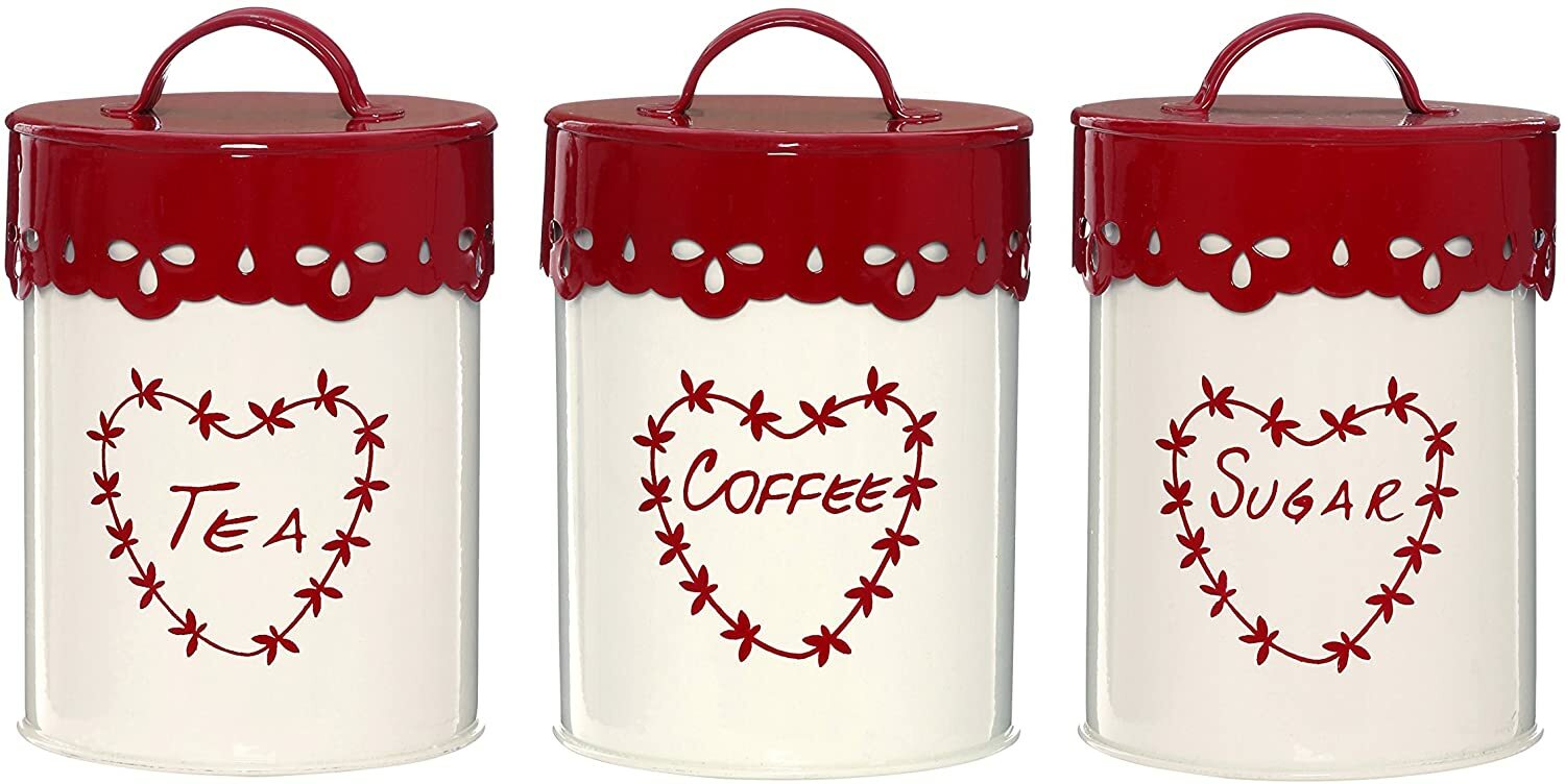 Red & White Heart Tea Coffee Sugar Tins