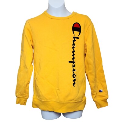 Champion Sweatshirt Mustard Yellow Velvet Logo Medium Youth Soft Ribbed  Sides
