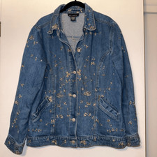 Denim Co Women s Floral Embroidered Denim Jean Jacket Blue Gold Medium EUC