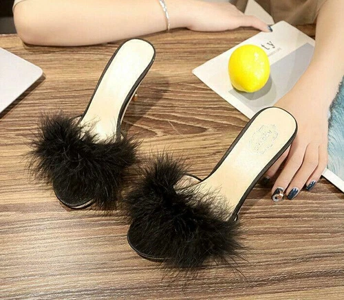 Damen High Heels Hausschuhe Flauschig Fell Peeptoe Stiletto Party Schuhe Pantoletten Sandalen - Bild 8 von 27