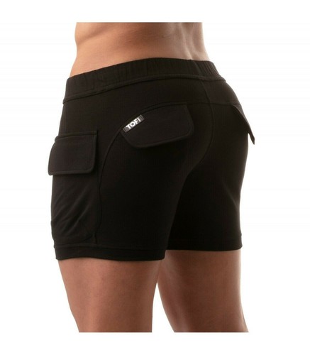 TOF PARIS Cargo Shorts Faux-Leather Jacron Low-Waist Fitted Short Black 1 - Picture 2 of 6