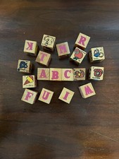 Unique Vintage/antique Wooden Alphabet Blocks Letters And Pictures Lot Of 18