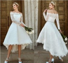 Vintage Hi-Low Off Shoulder Lace Wedding Dresses Bridal Gown with Long Sleeves
