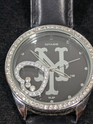 Sparo NY Floating Crystal Heart Silver Tone Round Case Black Leather Band Watch