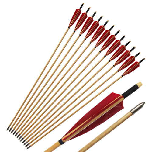 12Pcs Handmade 33" Traditional Wooden Arrows Red Shield Feather Recurve Longbow - Afbeelding 1 van 10