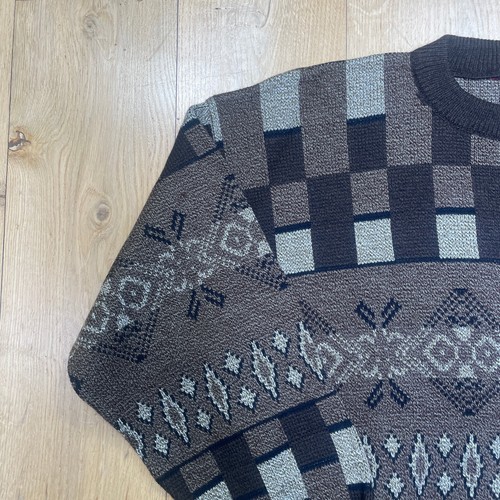 Mens Geometric Vintage Jumper XL Brown Crew Neck 90s Abstract Retro Sweatshirt - Picture 6 of 14