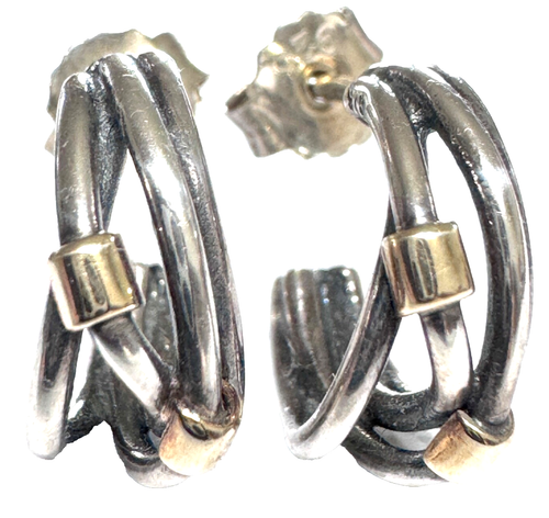 PANDORA Two Tone Intertwined Rope Hoop Earrings 14K Gold Silver 290263 Rare - Picture 5 of 6