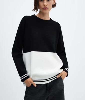 Mango Women's Colorblock Oversize Crewneck Sweater In Black And Cream XL NWT 