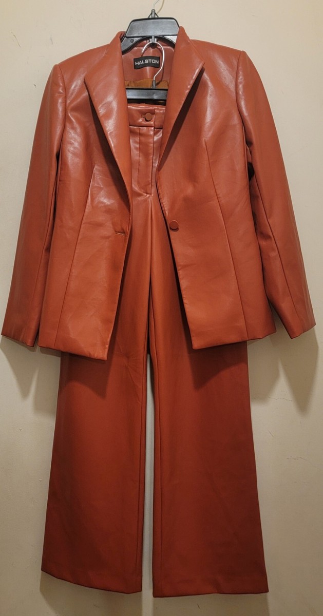 Halston Women Vegan Leather Jacket Pant Set Rust Burnt Orang Sz Sm Sz  4/6)