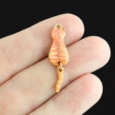 4 Orange Cat Gold Tone Enamel Charms With Dangle Tail - E1597
