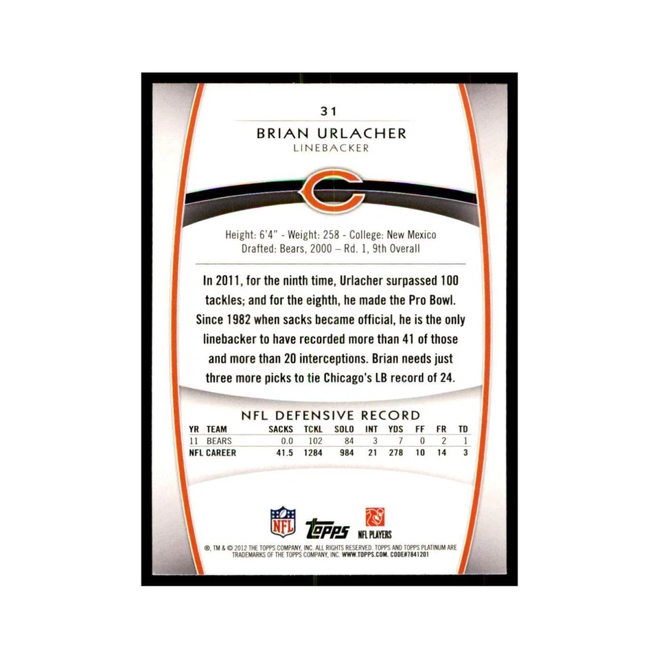 2012 Topps Platinum Brian Urlacher Football Cards #31 - Image 2 of 3