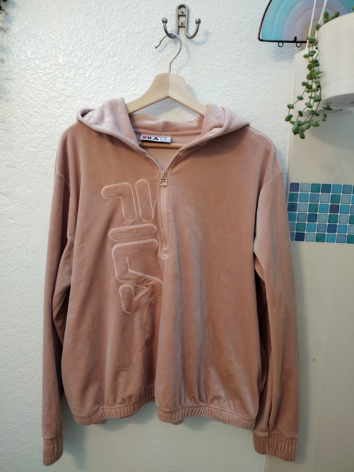 Felpa con cappuccio vintage FILA da donna taglia XXL velluto quarto cerniera pullover Y2K Athleisure