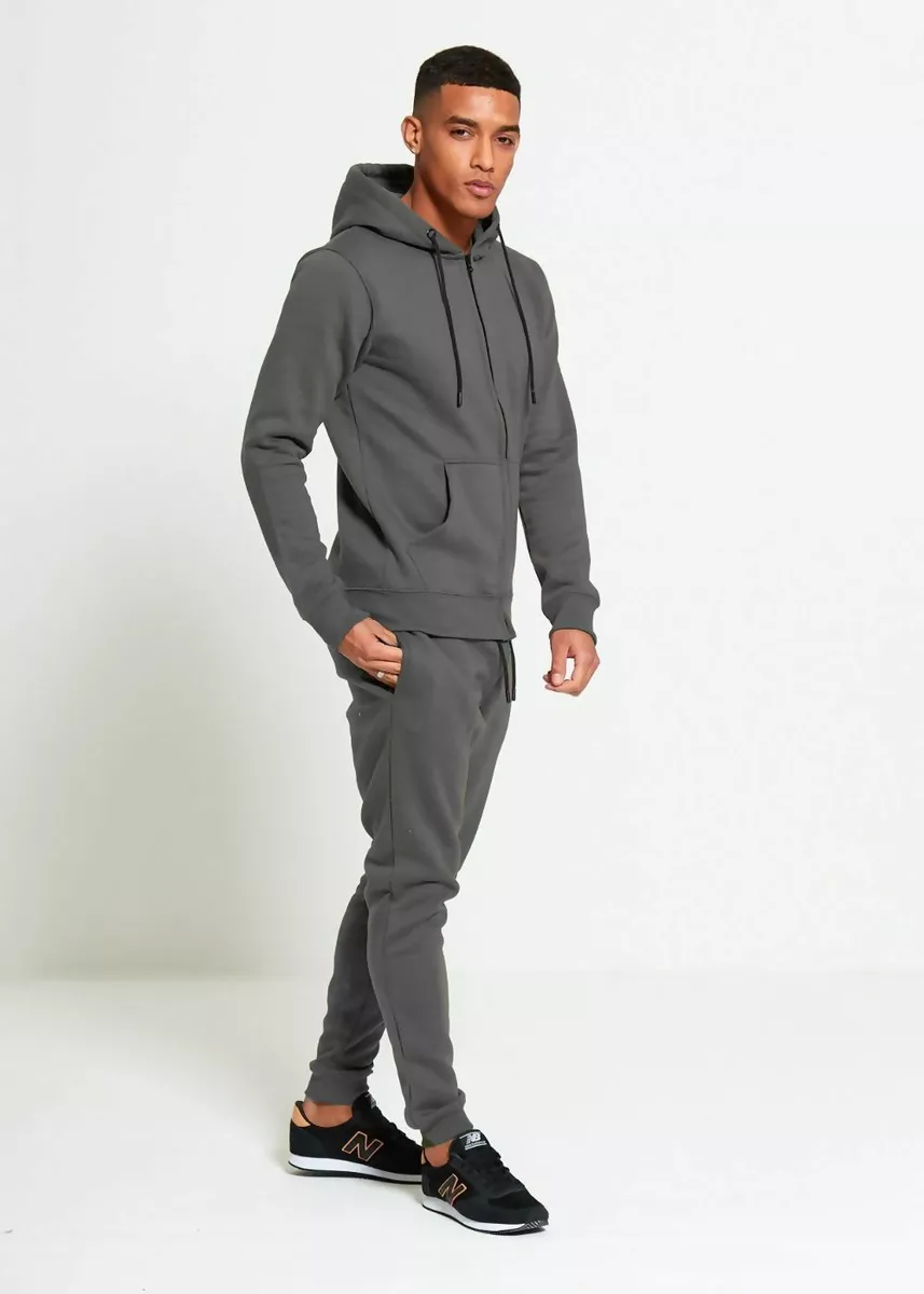 Mens Plain Tracksuit Grey Cotton Fleece Full Zip Hoodie & Pants