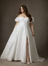 azazie Plus Size Off The Shoulder Ball Gown Wedding Dress White Lace Train 22
