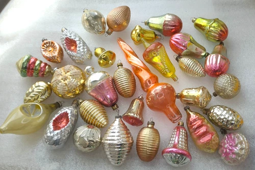 30 Vintage Christmas Silver Glass Ornaments Tree USSR Xmas Antique Decorations