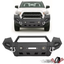 Black Steel Front Bumper Wwinch Plate Led Lights For Toyota Tacoma 2016-2023