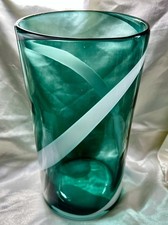 Aqua/Blue-Green W/White Swirl Heavy FlowerVase/Centerpiece Handblown 11  Tall