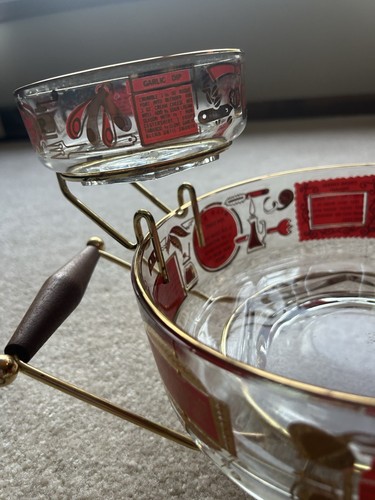 Vtg Red/Gold Glass Bowl Chip & Dip Set/4 Pieces, Numerous Dip Recipes On 2 Bowls - Picture 5 of 13