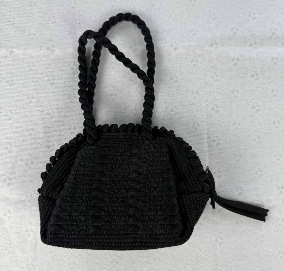 Finest 1930s Antique Braided Woven Corde Black Fabric Zipper Purse W Top Handles - Image 4 of 4