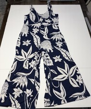 Cuddl Duds Flexwear Jumpsuit Petite Small PS Navy Tropical Wide Leg V-Neck Slits