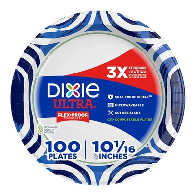 Dixie Ultra, Large Paper Plates, 10 Inch, 100 Count (Pack of 1), White/Indigo