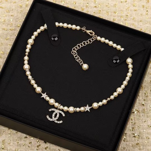 CHANEL Light Gold Hardware Crystal Inlaid 3 CCS Pearl Short Necklace 24C