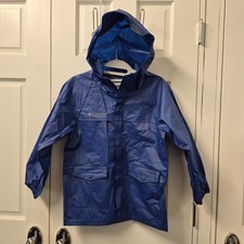 Columbia Kids Size M Seam Sealed Rain Jacket Coat Unlined Blue Hooded Zip Front