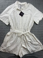Ava  Viv Romper Womens 2X White Short Sleeve Button Front Belted Tie Waist