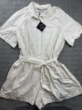 Ava & Viv Romper Womens 2X White Short Sleeve Button Front Belted Tie Waist