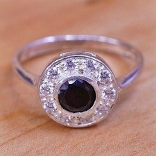 Size 8, Sterling 925 silver shiny engagement ring with sapphire and Cz around