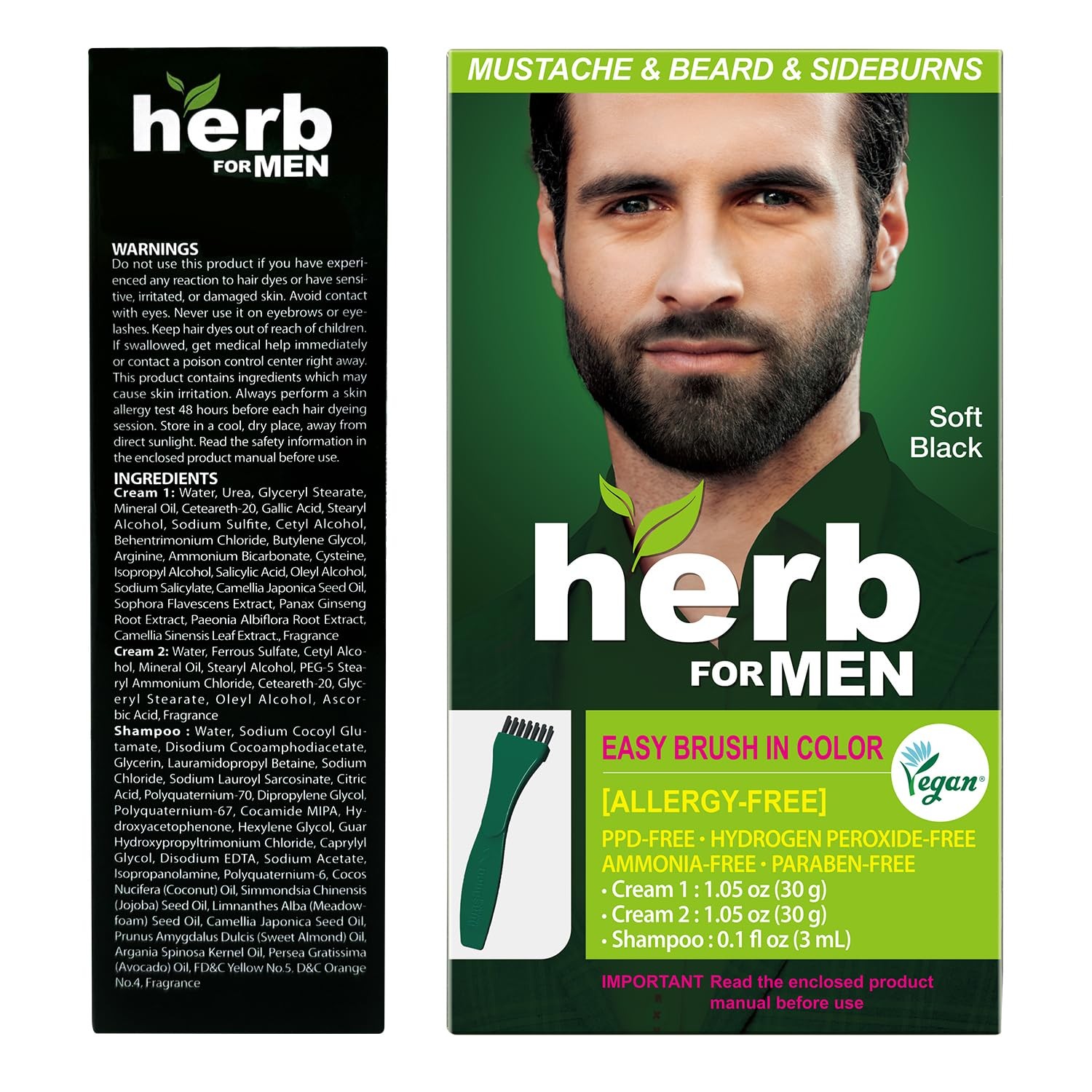 Herb For Men Mustache & Beard Dye (Soft Black, 1 Pack), PPD-Free Ammonia-Free, V