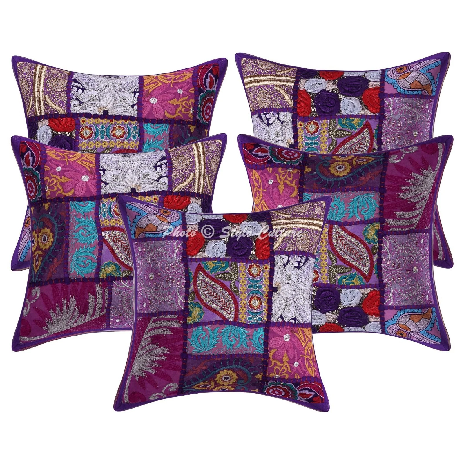 Ethnic Cotton Throw Pillow Covers Vintage Patchwork Purple Abstract Home Decor